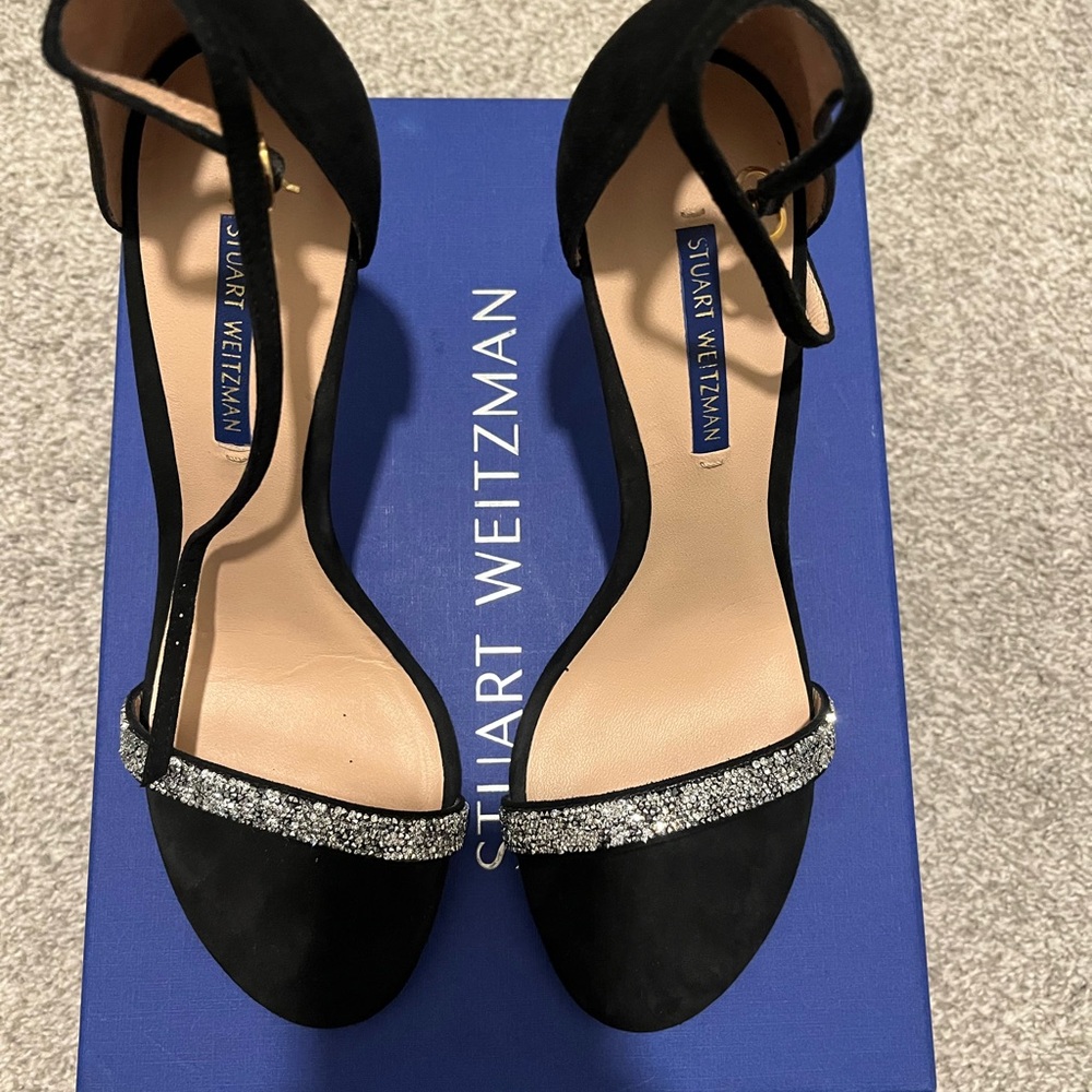 Stuart Weitzman Nudist Black Heels with Glittering Silver Detail